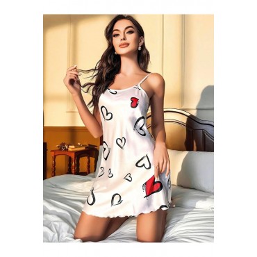 Beyaz Kalp Desenli Mini Fantazi Gecelik