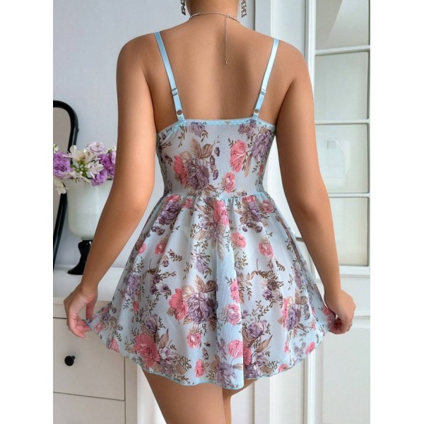 Mavi Çiçek Desenli Fantazi Tül Gecelik 